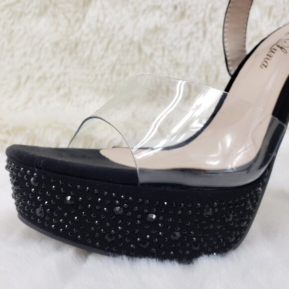 Black rhinestone high heel shoes clear toe strap - Picture 4 of 12